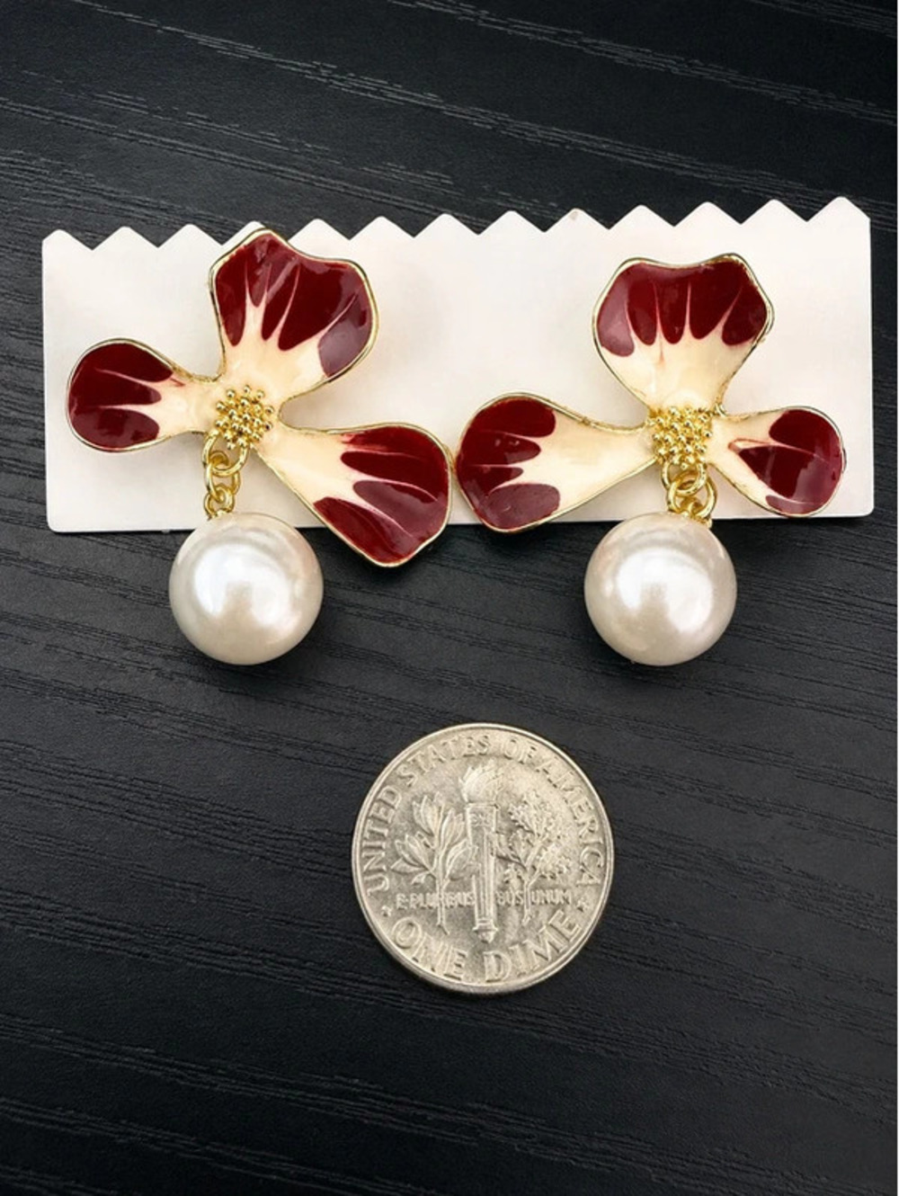 New Burgundy and Gold Floral Pearl Drop Statement Earrings for Women